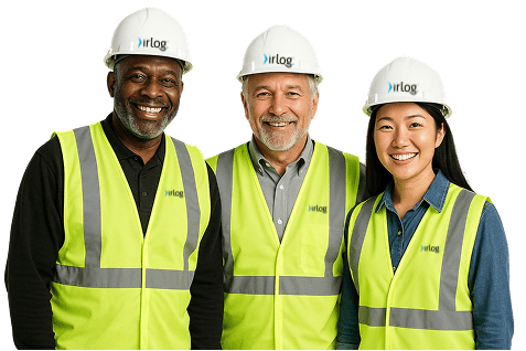 Equipe da IRLog com três profissionais usando EPIs e coletes de segurança, representando a qualidade e experiência nos serviços logísticos