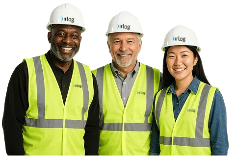 Equipe da IRLog com três profissionais usando EPIs e coletes de segurança, representando a qualidade e experiência nos serviços logísticos