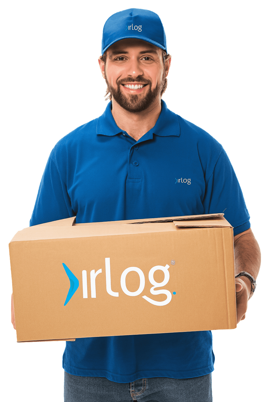 Colaborador da IRLog sorridente, uniformizado com boné e camisa azul