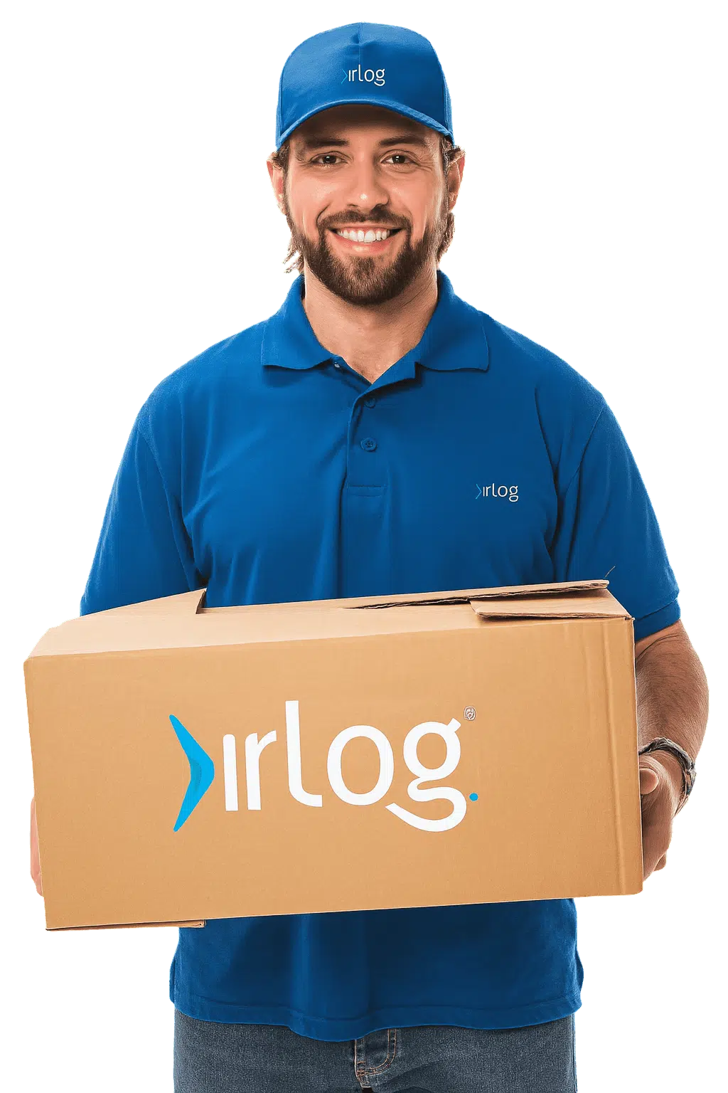 Colaborador da IRLog sorridente, uniformizado com boné e camisa azul