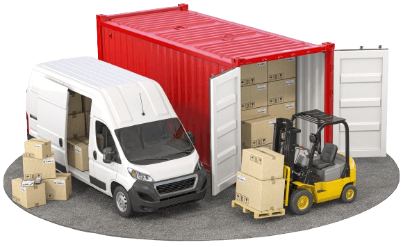 Simulação de operação logística com van de entregas, empilhadeira movimentando caixas e container vermelho aberto, representando integração no transporte e armazenagem de cargas