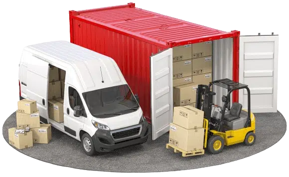 Simulação de operação logística com van de entregas, empilhadeira movimentando caixas e container vermelho aberto, representando integração no transporte e armazenagem de cargas